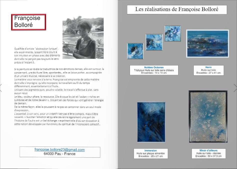Parution catalogue Françoise Bolloré sur site Arts des Annonces. Portrait de l'artiste, démarche de l'artiste, photos des œuvres.