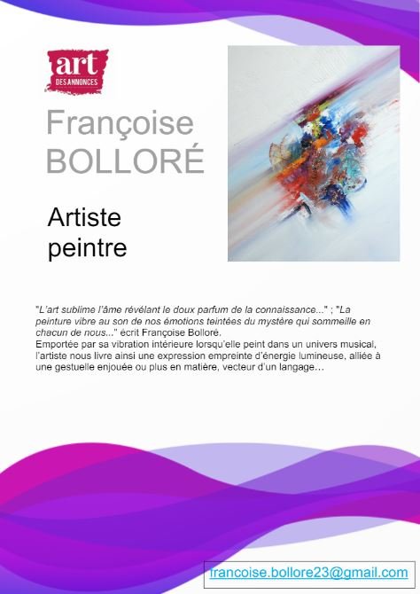 Parution catalogue Françoise Bolloré sur site Arts des Annonces, Photos des œuvres.